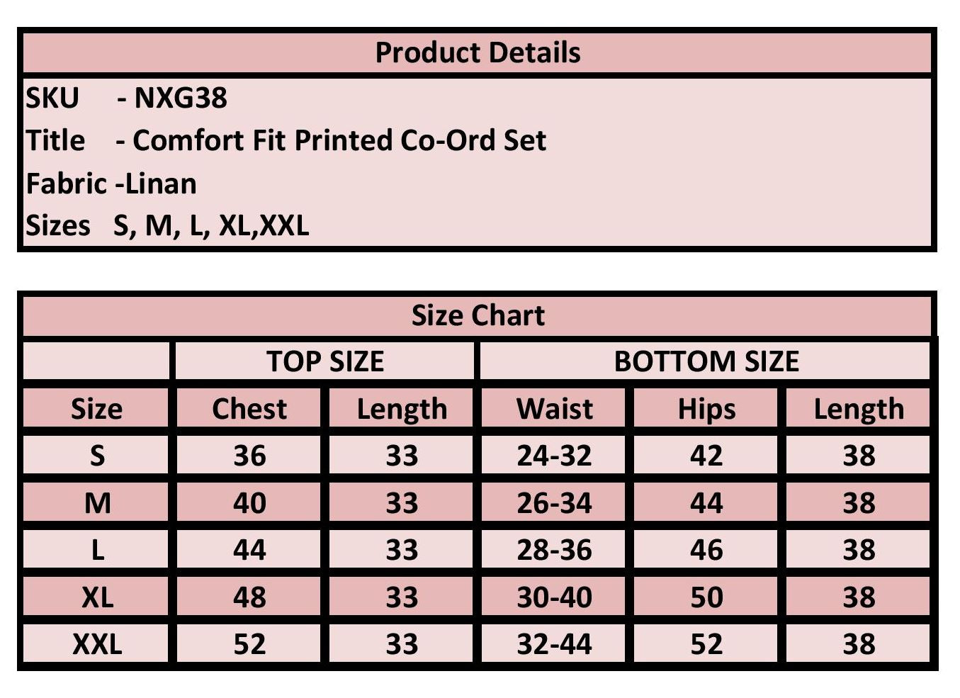 Product details and size chart for a comfort fit printed co-ord set with linen fabric.