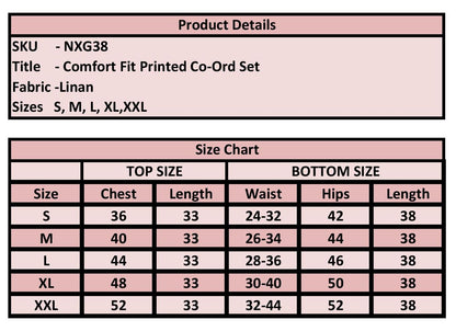 Product details and size chart for a comfort fit printed co-ord set with linen fabric.