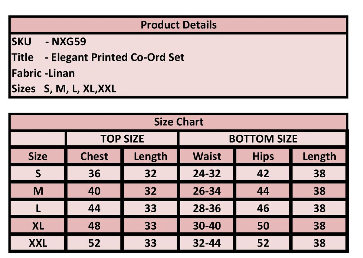 A product details and size chart table for an elegant printed co-ord set in linen. The chart lists sizes S through XXL with measurements for chest, length, waist, hips, and hip length.