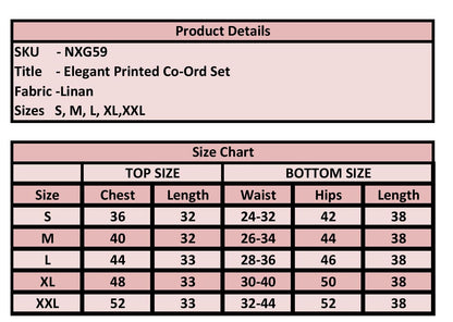 A product details and size chart table for an elegant printed co-ord set in linen. The chart lists sizes S through XXL with measurements for chest, length, waist, hips, and hip length.