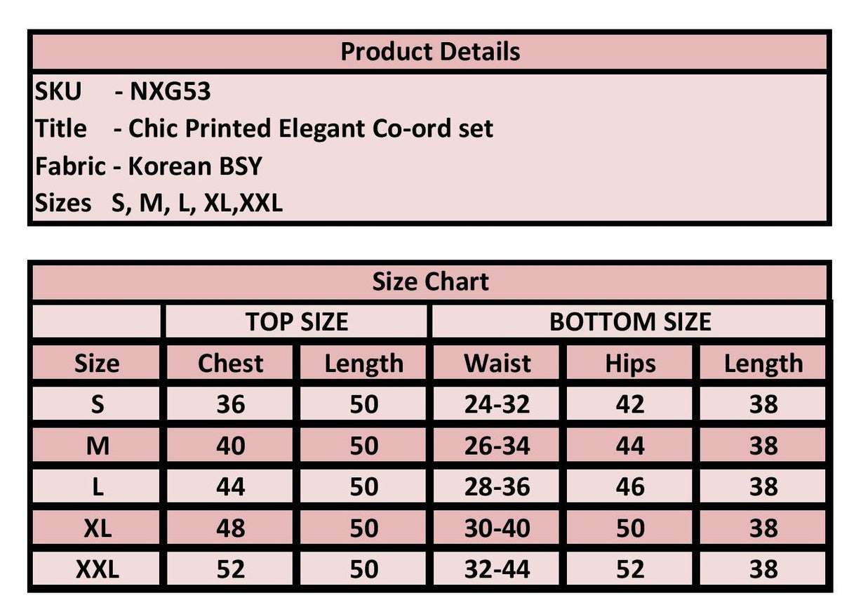 A size chart and product details table for a Korean BSY elegant co-ord set, showing sizes S through XXL with chest, length, waist, hips, and length measurements.