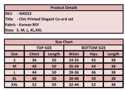 A size chart and product details table for a Korean BSY elegant co-ord set, showing sizes S through XXL with chest, length, waist, hips, and length measurements.
