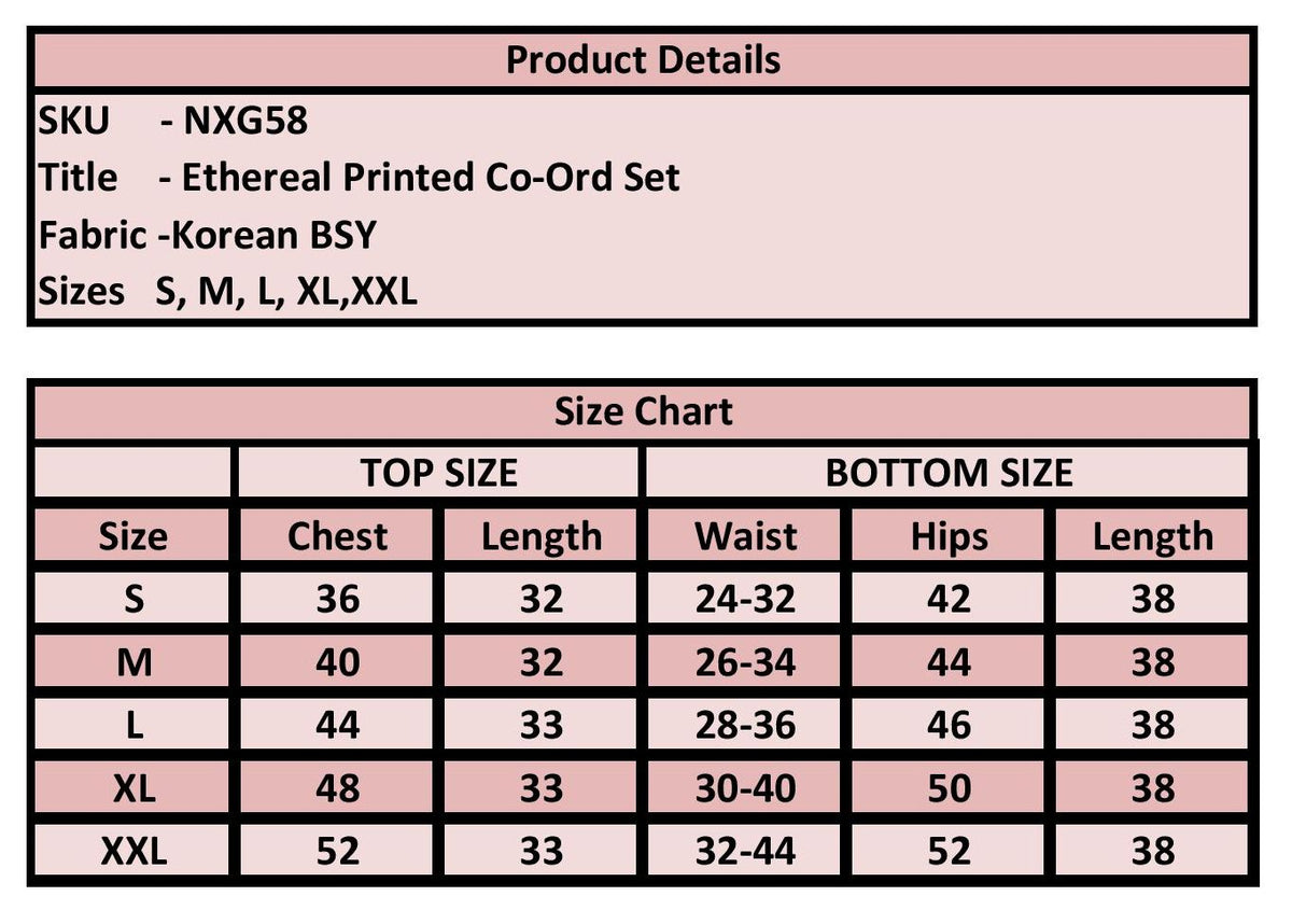 A size chart and product details table for a Korean BSY Ethereal Printed Co-Ord Set. The top section lists SKU NXG58, title, fabric, and sizes S through XXL.