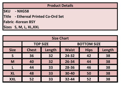 A size chart and product details table for a Korean BSY Ethereal Printed Co-Ord Set. The top section lists SKU NXG58, title, fabric, and sizes S through XXL.