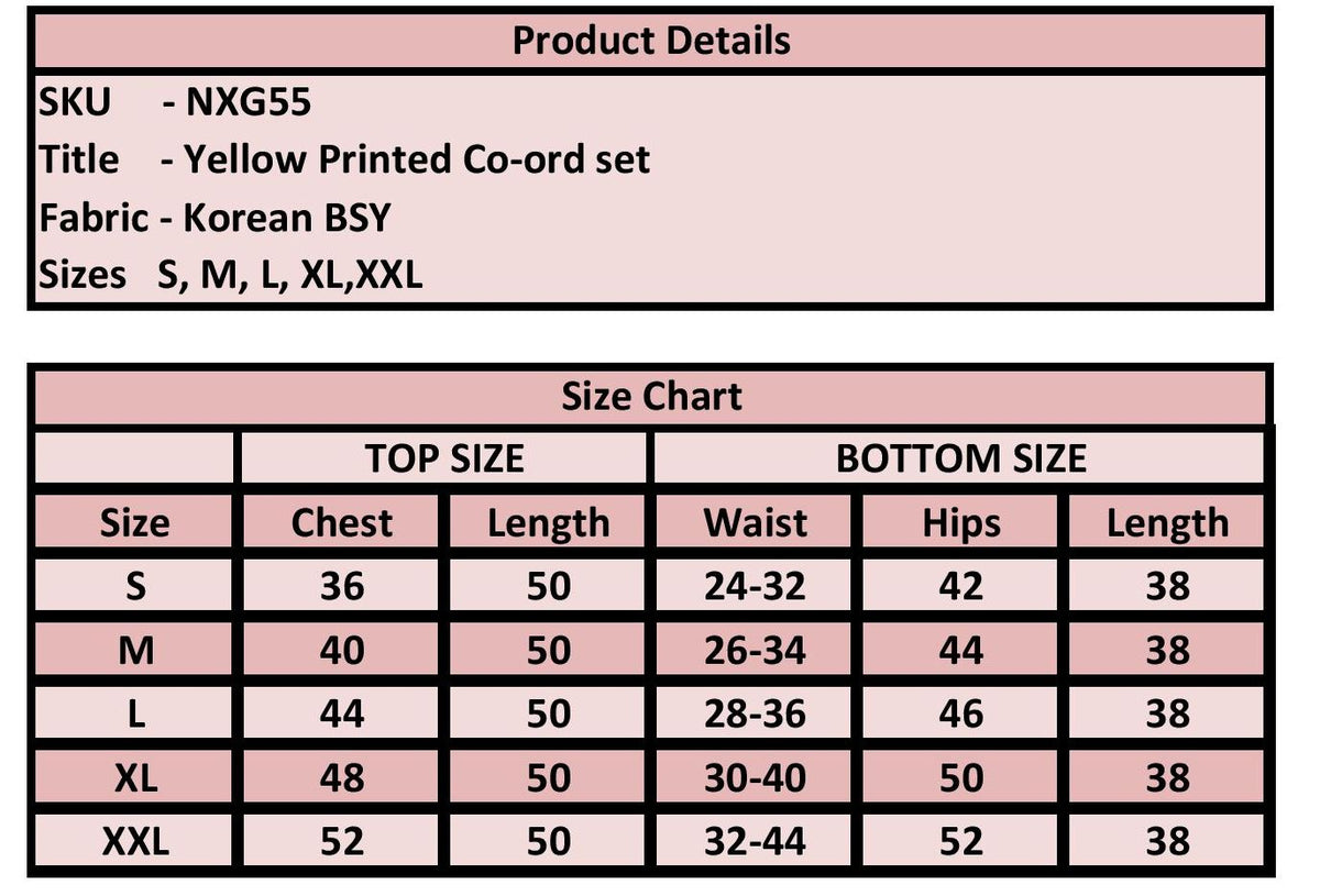 A product details and size chart table for a Korean BSY yellow printed co-ord set, showing measurements for sizes S through XXL.