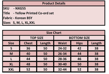 A product details and size chart table for a Korean BSY yellow printed co-ord set, showing measurements for sizes S through XXL.