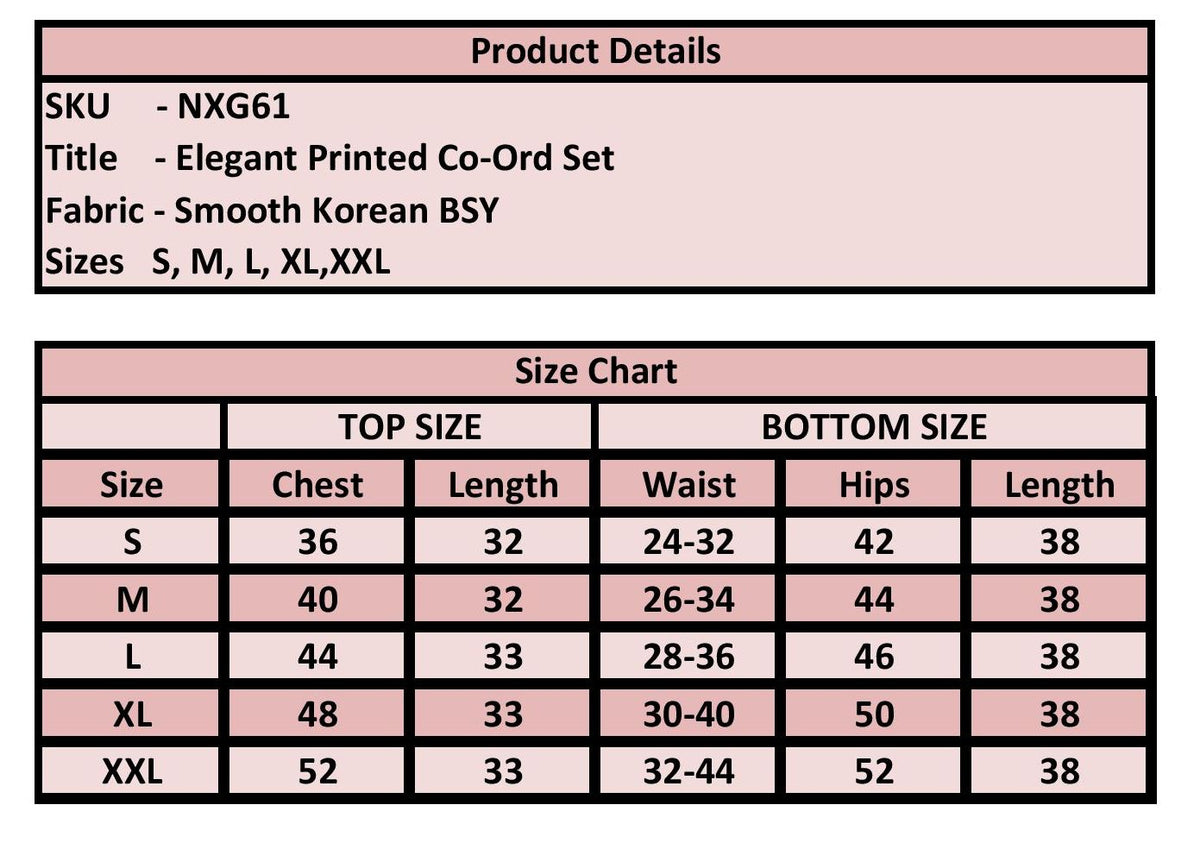 A product details and size chart table for an elegant printed co-ord set. The top section lists product details including SKU NXG661, title, fabric as smooth Korean BSY, and sizes S, M, L, XL, XXL.