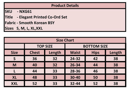 A product details and size chart table for an elegant printed co-ord set. The top section lists product details including SKU NXG661, title, fabric as smooth Korean BSY, and sizes S, M, L, XL, XXL.