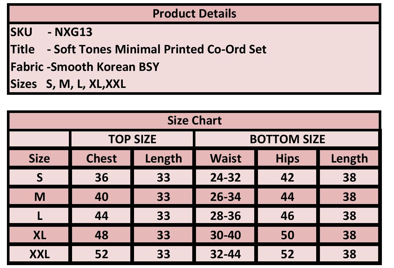 Product details and size chart for a soft tones minimal printed co-ord set with fabric information.