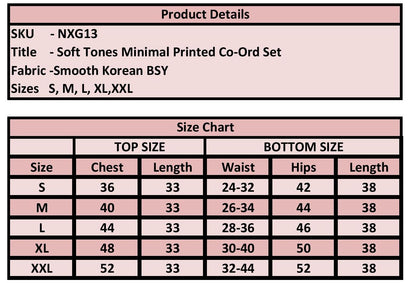 Product details and size chart for a soft tones minimal printed co-ord set with fabric information.