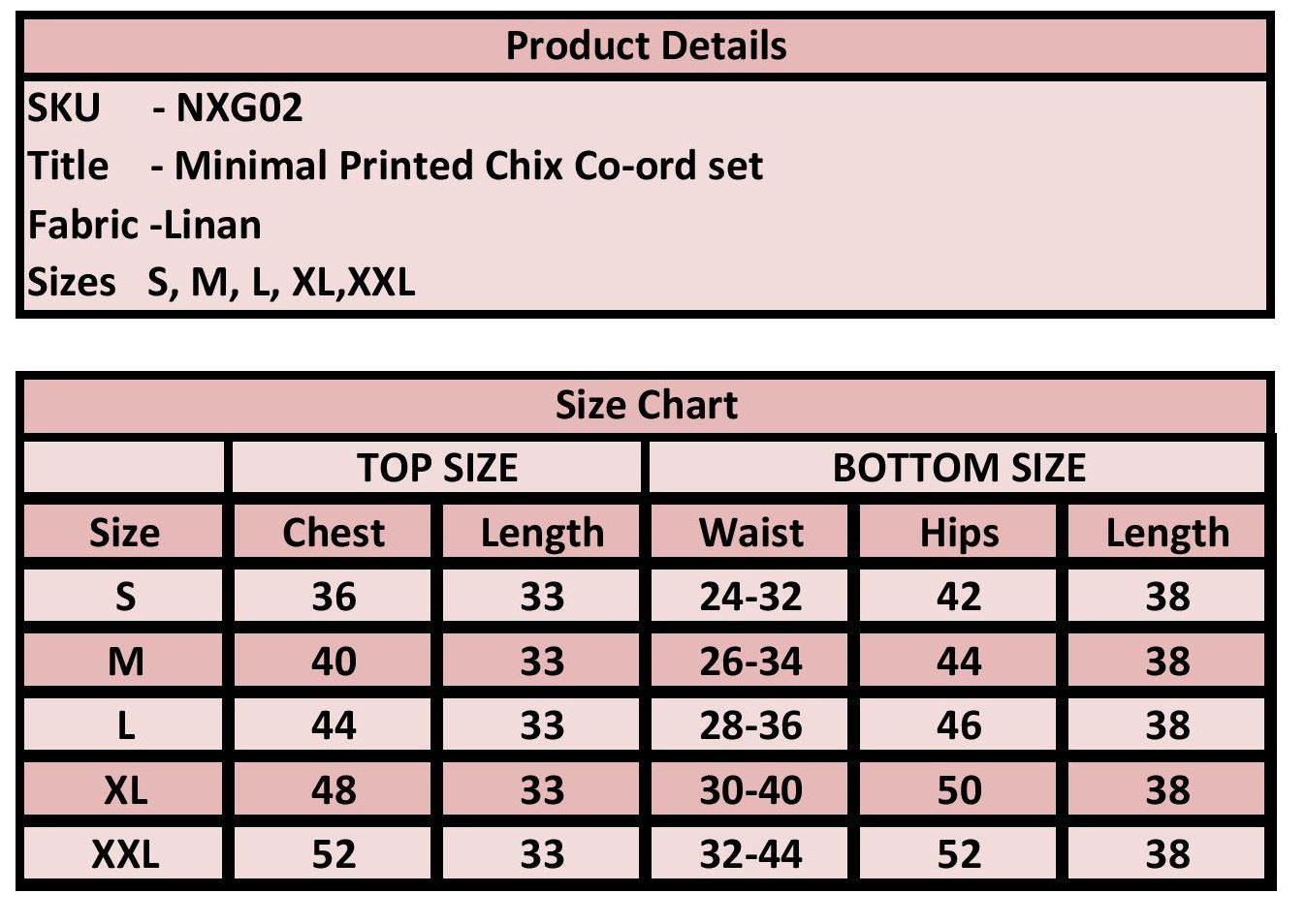 Product details and size chart for a minimal printed chix co-ord set with linen fabric.