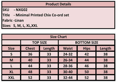 Product details and size chart for a minimal printed chix co-ord set with linen fabric.