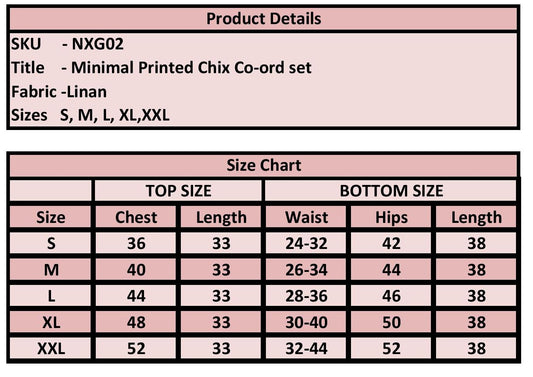 Product details and size chart for a minimal printed chix co-ord set with linen fabric.