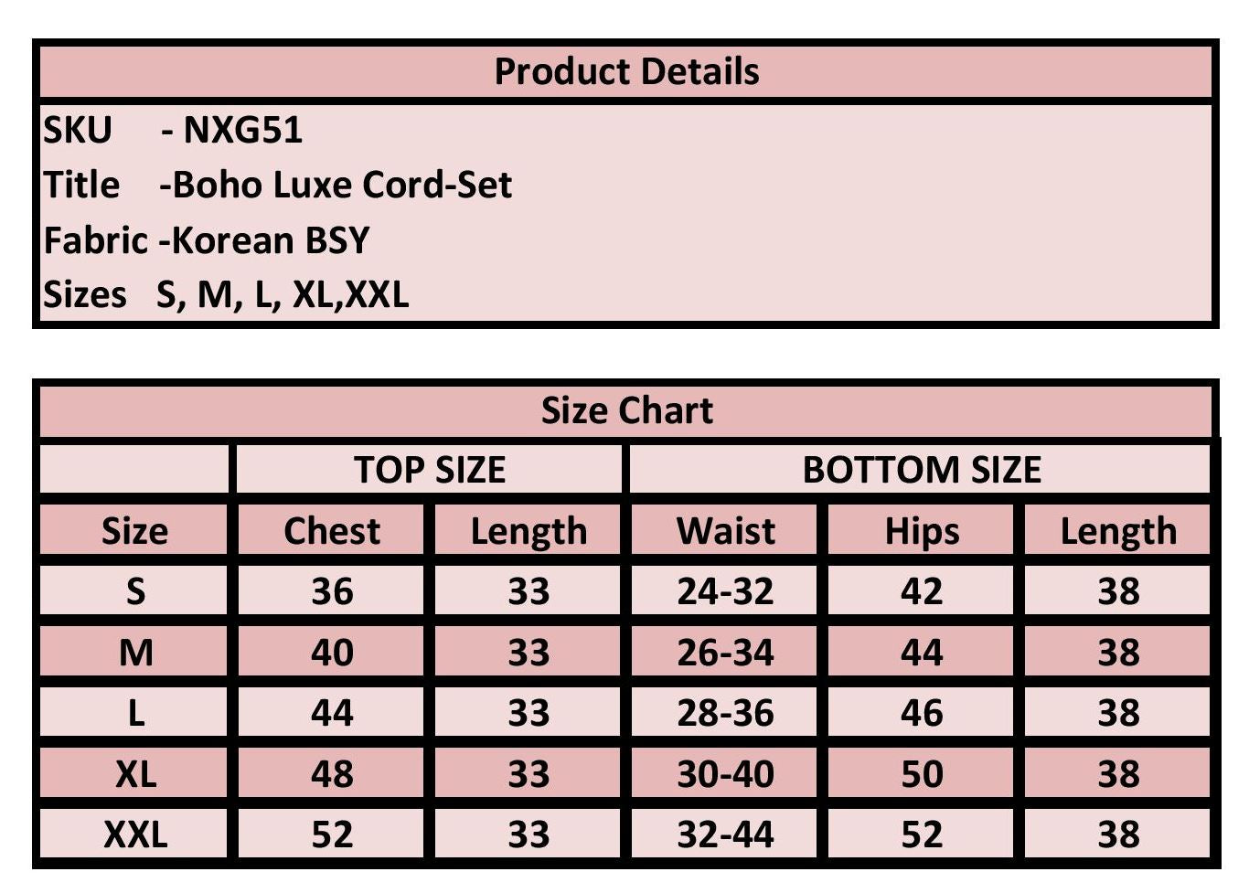 A product details and size chart table for a Korean BSY cord set, showing SKU, title, fabric, and sizes S through XXL with chest, length, waist, hips, and length measurements.