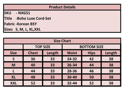 A product details and size chart table for a Korean BSY cord set, showing SKU, title, fabric, and sizes S through XXL with chest, length, waist, hips, and length measurements.
