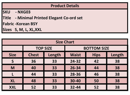 Product details and size chart for a minimal printed elegant co-ord set with fabric information and size measurements.