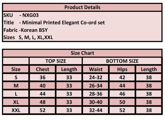 Product details and size chart for a minimal printed elegant co-ord set with fabric information and size measurements.