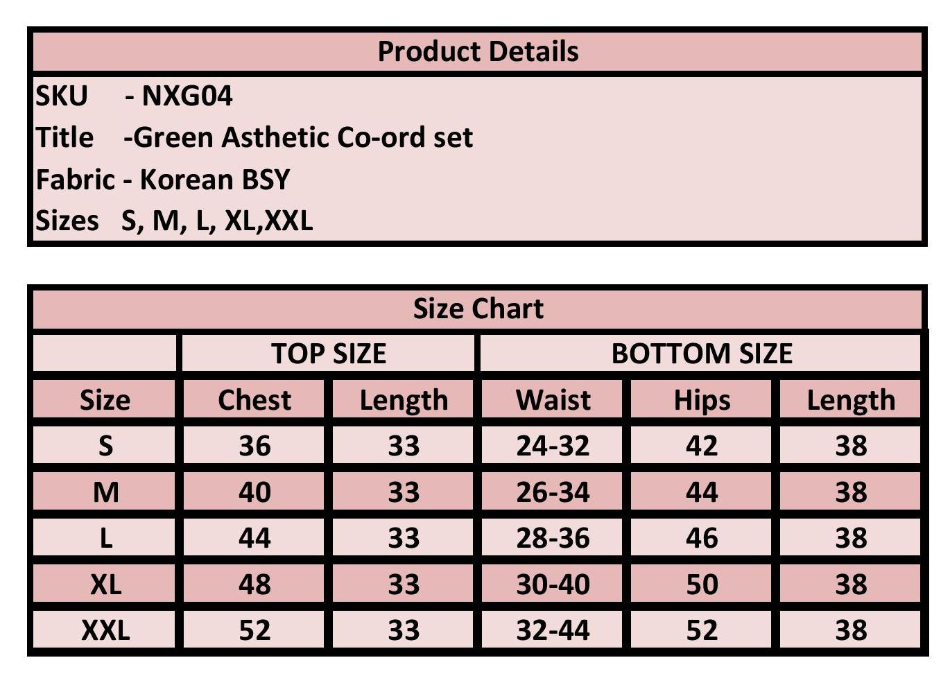 "PoshBella Green Aesthetic Co-ord Set NXG04 size chart showcasing Korean BSY fabric, available sizes S to XXL, detailed chest, waist, hips and length measurements for top and bottom."