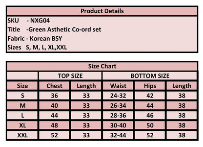 "PoshBella Green Aesthetic Co-ord Set NXG04 size chart showcasing Korean BSY fabric, available sizes S to XXL, detailed chest, waist, hips and length measurements for top and bottom."