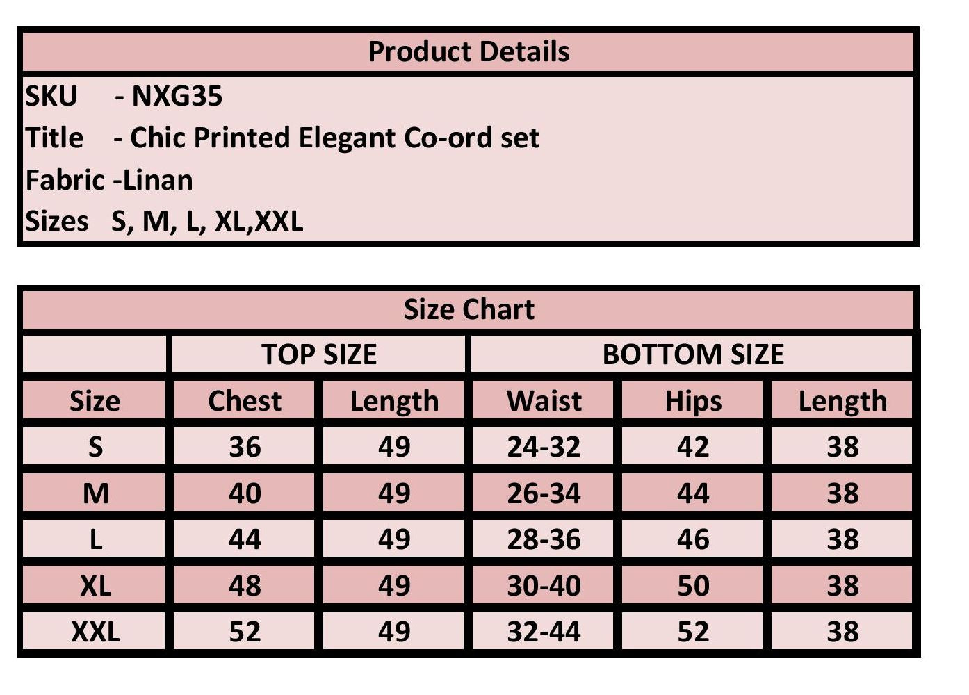 Product details and size chart for a chic printed elegant co-ord set on a pink background