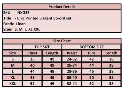 Product details and size chart for a chic printed elegant co-ord set on a pink background