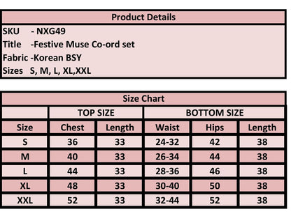 A product details and size chart table for a 'Festive Muse Co-ord set' in Korean BSY fabric, showing sizes S through XXL with chest, length, waist, hips, and length measurements.