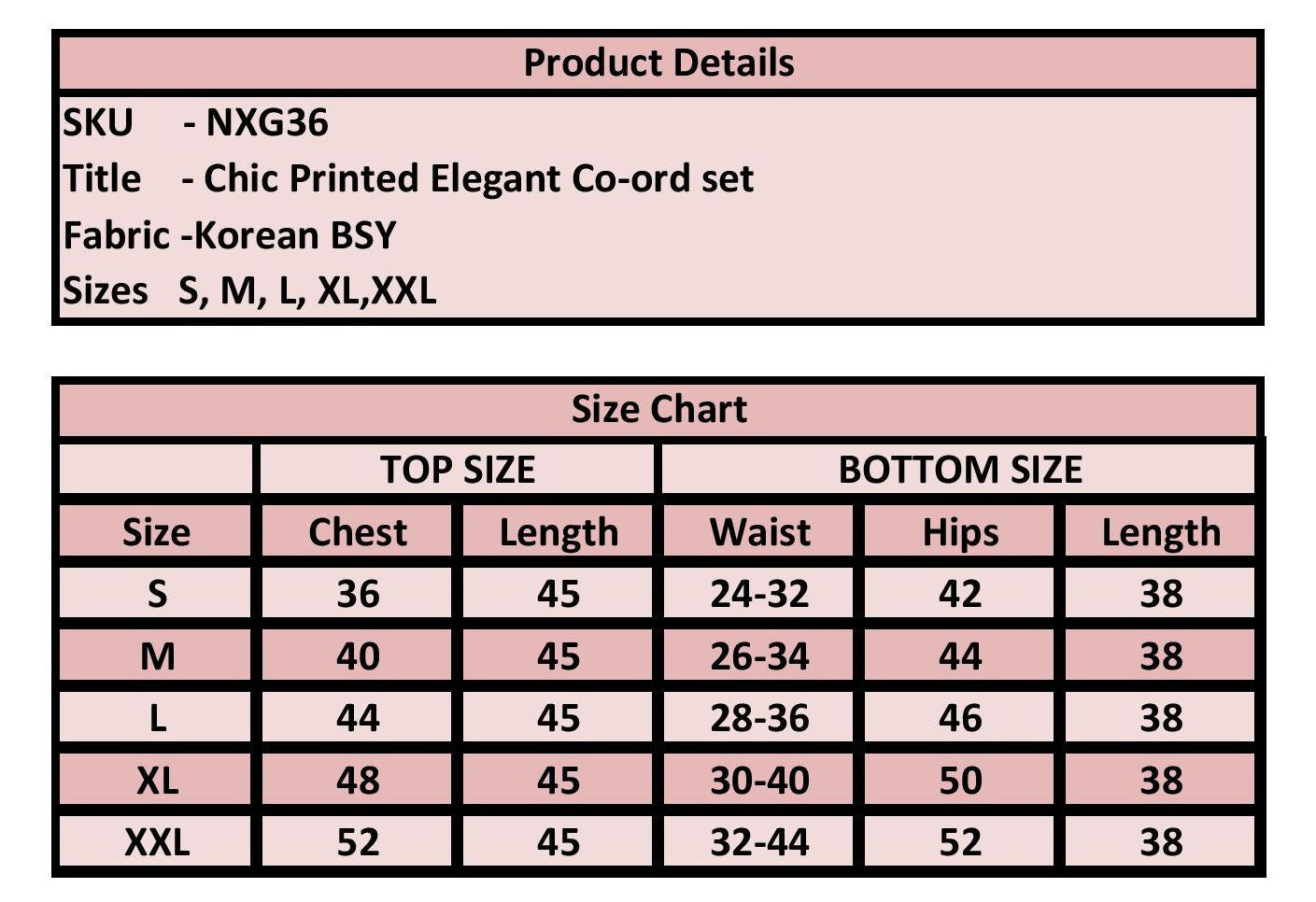 Product details and size chart for a chic printed elegant co-ord set on a pink background.