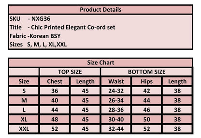 Product details and size chart for a chic printed elegant co-ord set on a pink background.
