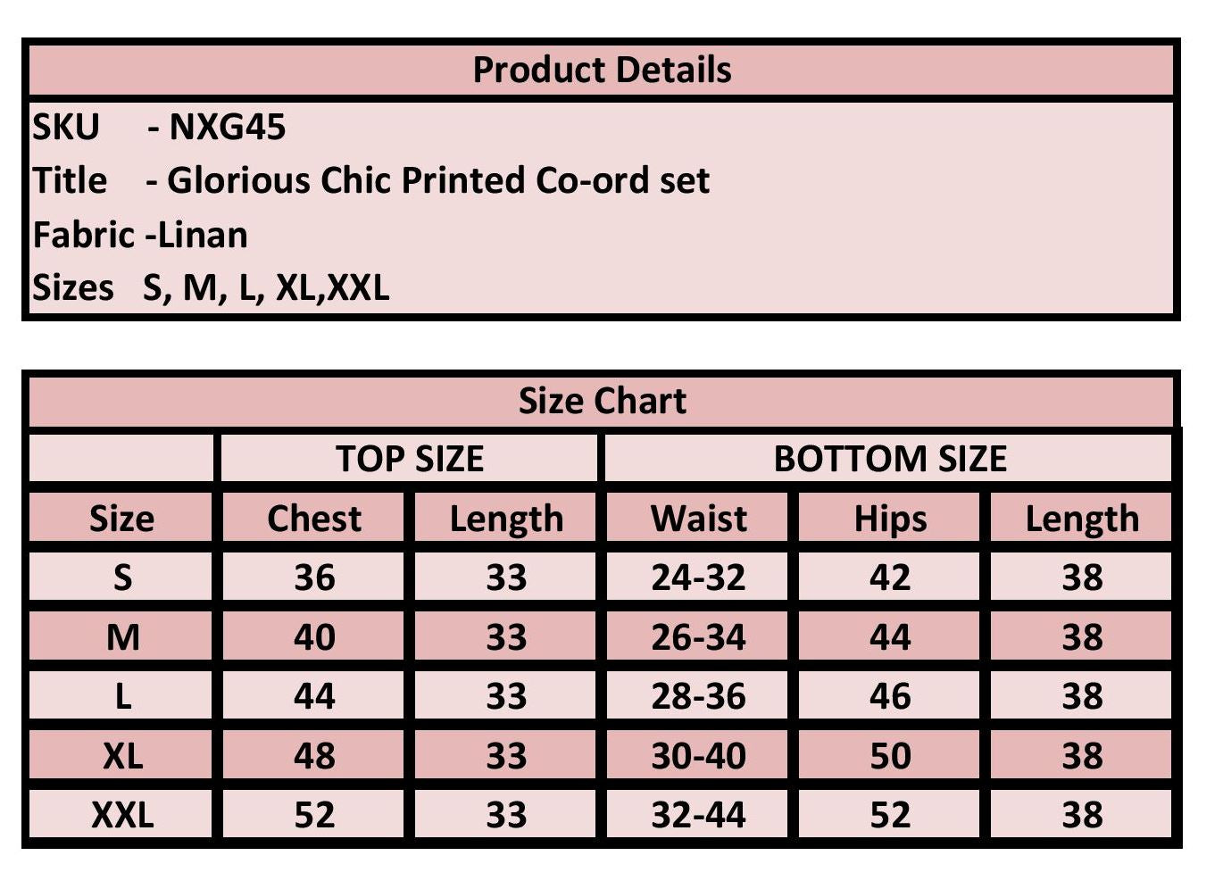 Product details and size chart for a Glorious Chic Printed Co-ord set on a pink background