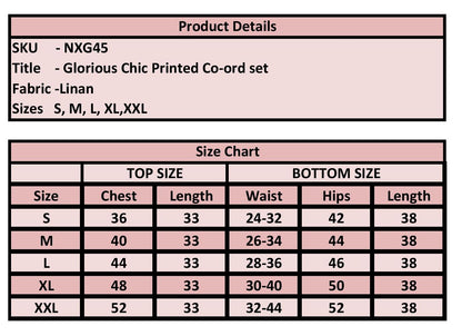 Product details and size chart for a Glorious Chic Printed Co-ord set on a pink background