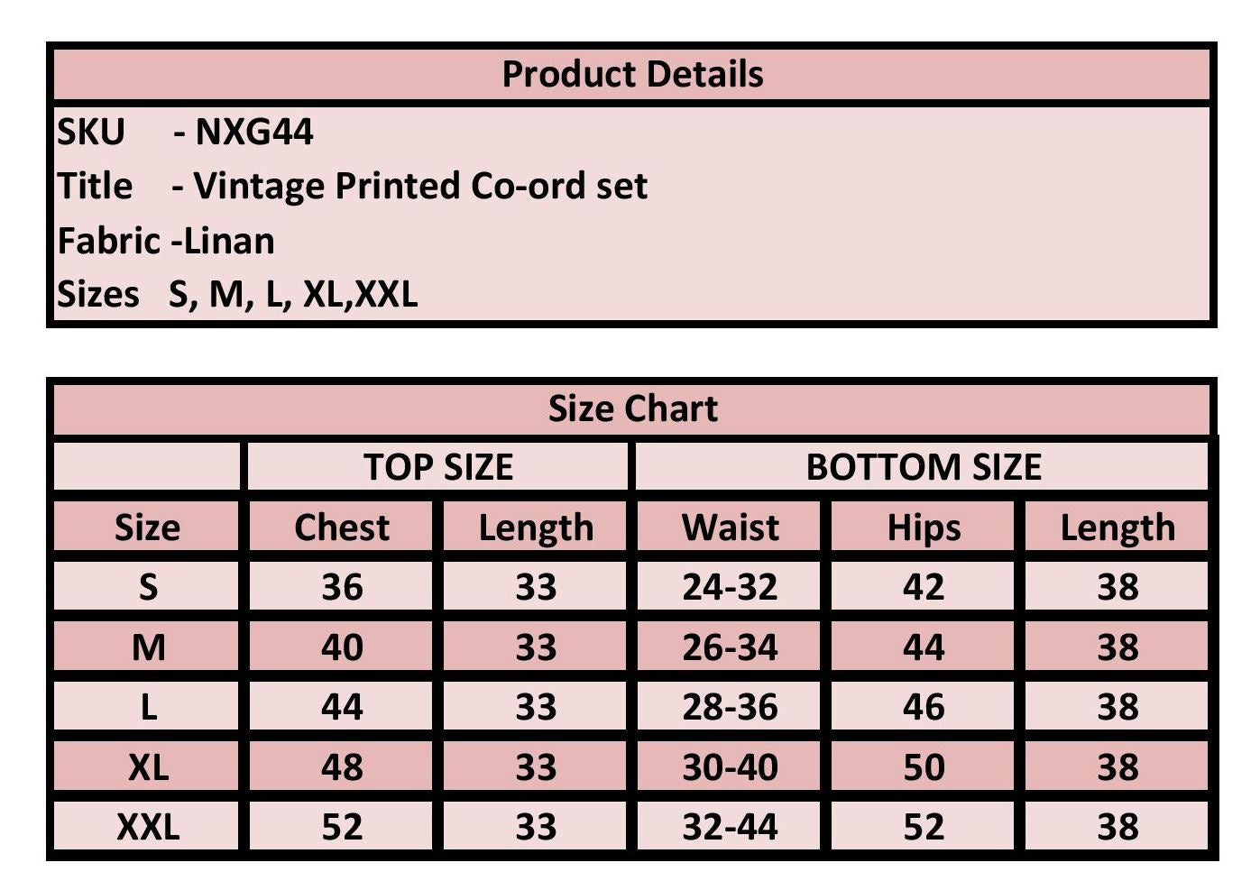A product details and size chart table for a vintage printed co-ord set by Lin. The chart lists sizes S through XXL with measurements for chest, length, waist, hips, and length under top and bottom size columns.