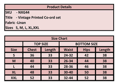 A product details and size chart table for a vintage printed co-ord set by Lin. The chart lists sizes S through XXL with measurements for chest, length, waist, hips, and length under top and bottom size columns.
