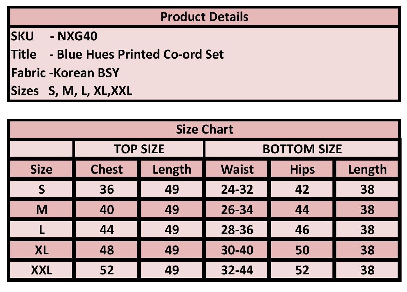 Product details and size chart for a blue hues printed co-ord set with fabric information and size measurements.