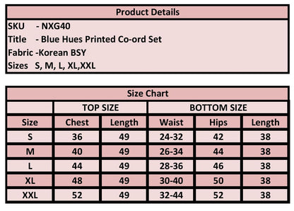 Product details and size chart for a blue hues printed co-ord set with fabric information and size measurements.