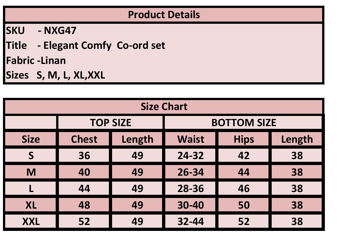 Product details and size chart for an elegant comfy co-ord set with linen fabric.