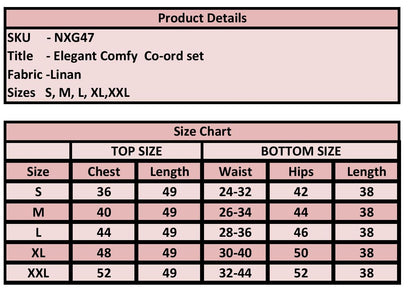 Product details and size chart for an elegant comfy co-ord set with linen fabric.