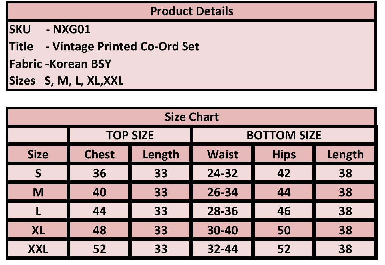 Product details and size chart for a vintage printed co-ord set with fabric information and size measurements.