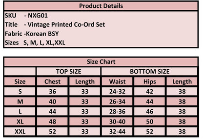 Product details and size chart for a vintage printed co-ord set with fabric information and size measurements.