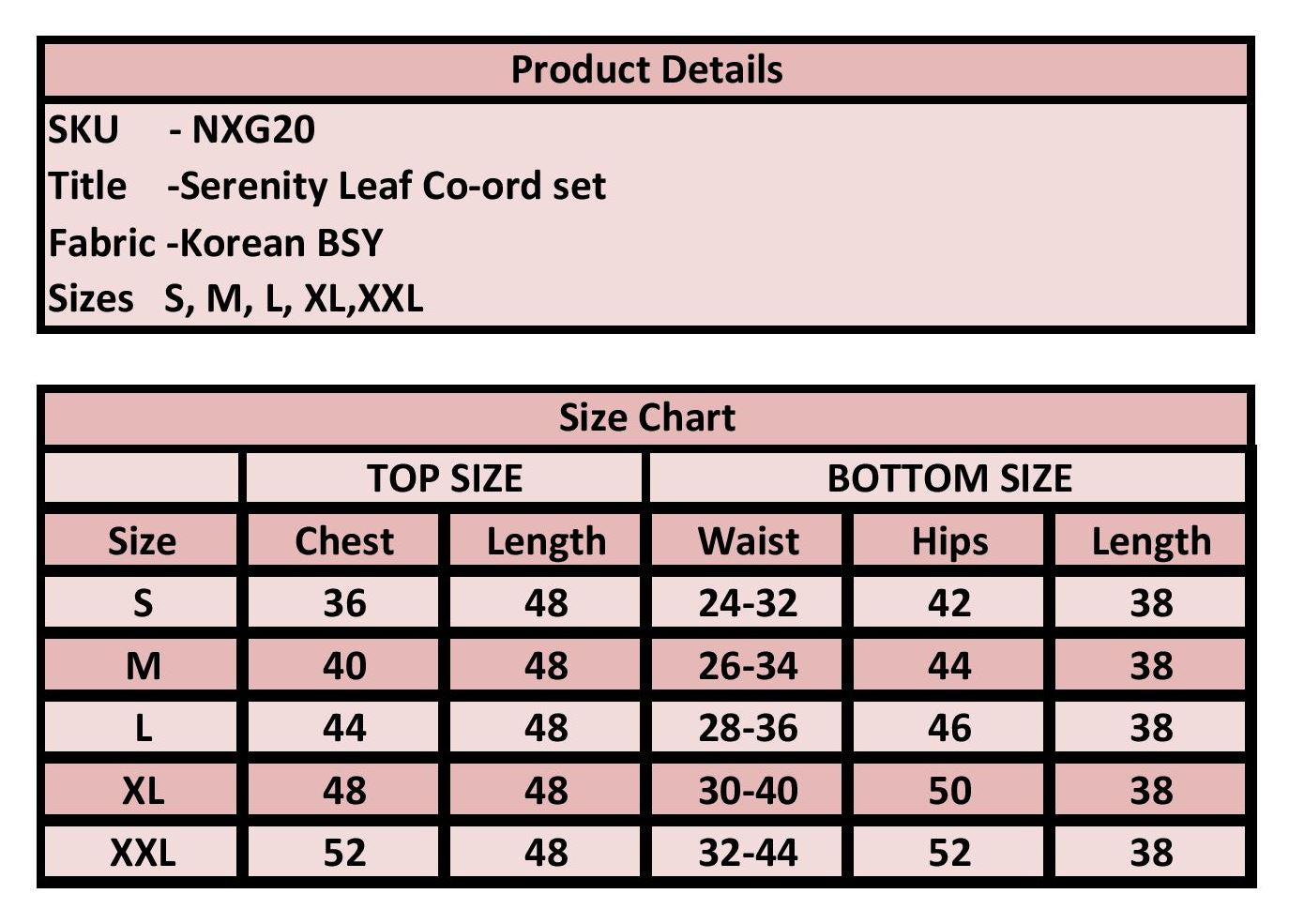 A product details and size chart table for a Korean BSY green aesthetic co-ord set, showing measurements for sizes S through XXL.