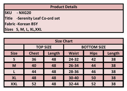 A product details and size chart table for a Korean BSY green aesthetic co-ord set, showing measurements for sizes S through XXL.