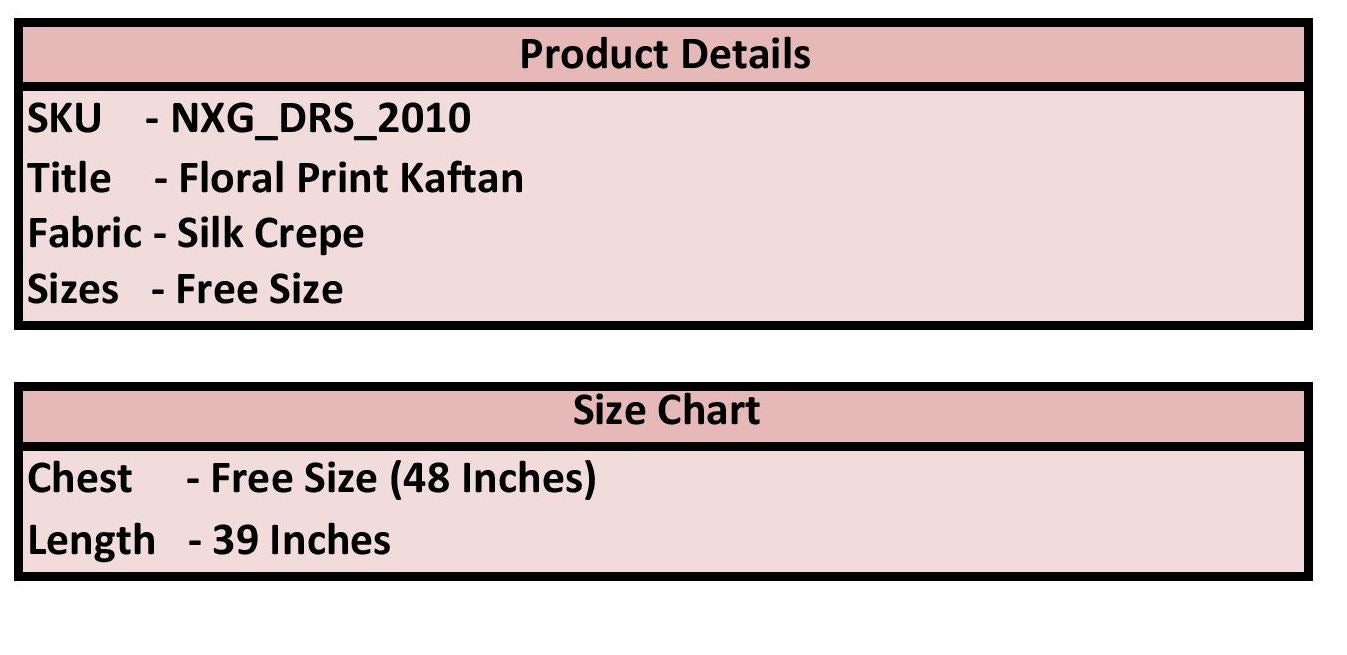Product details label for a floral print kaftan with fabric type, size, and measurements.