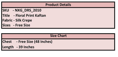 Product details label for a floral print kaftan with fabric type, size, and measurements.