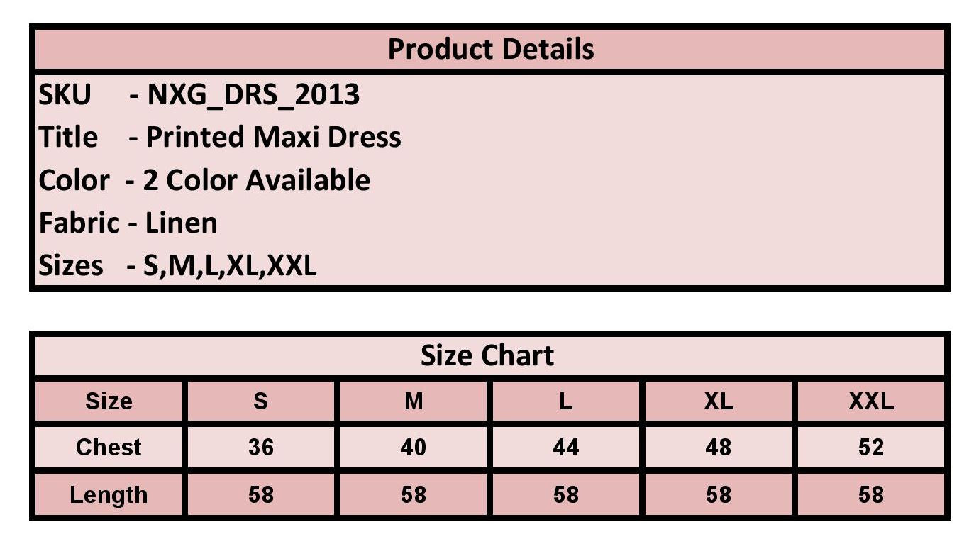 Product details of a printed maxi dress with size chart on a pink background