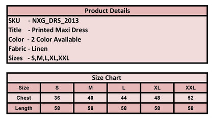 Product details of a printed maxi dress with size chart on a pink background