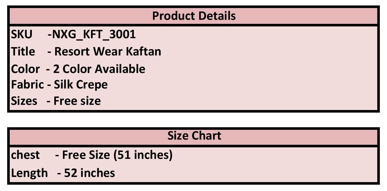 Product details and size chart for resort wear kaftan on a pink background