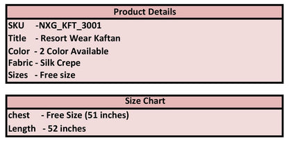 Product details and size chart for resort wear kaftan on a pink background