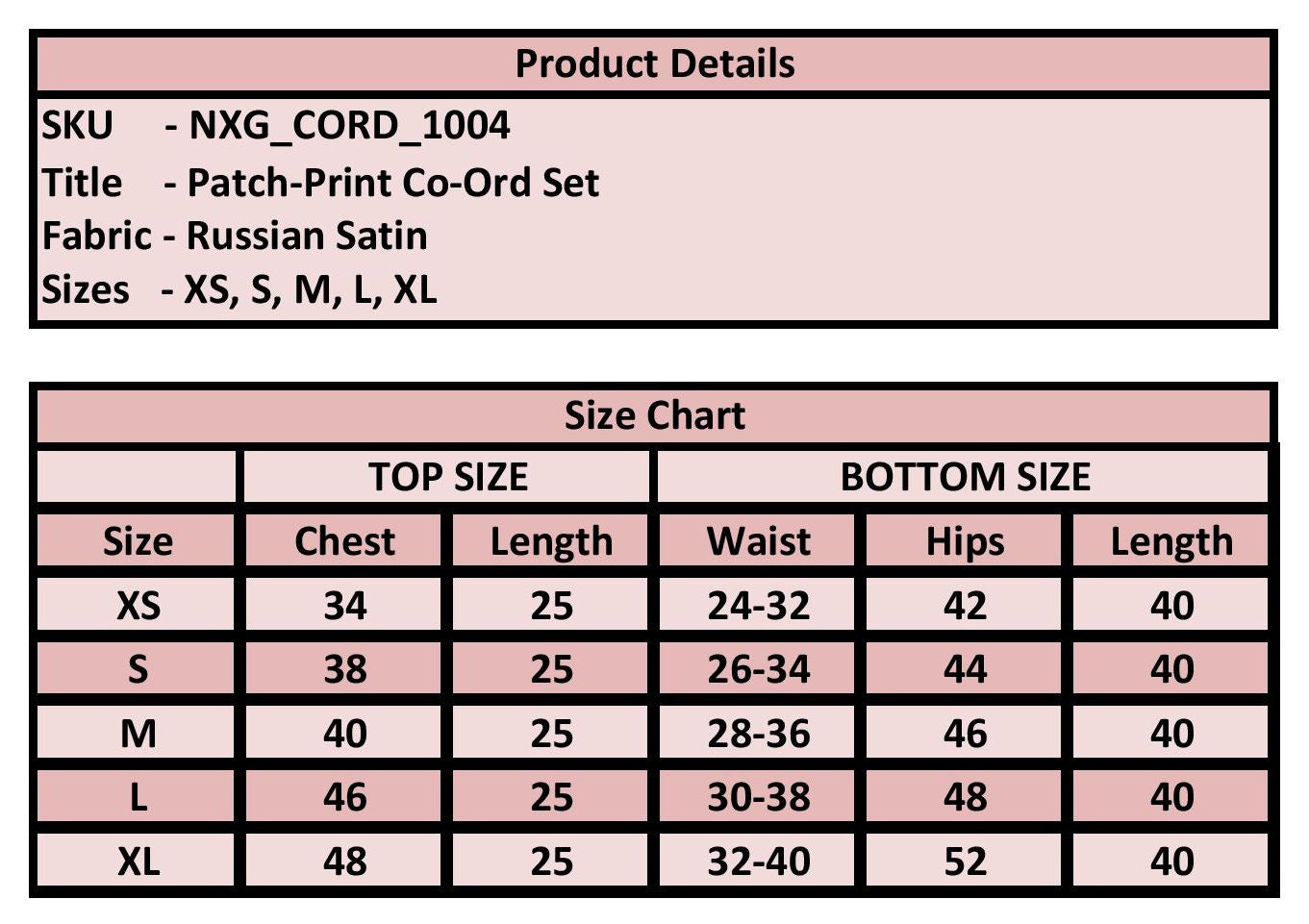 Product details and size chart for a patch-print co-ord set with fabric type and size options.