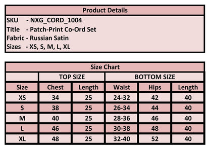 Product details and size chart for a patch-print co-ord set with fabric type and size options.