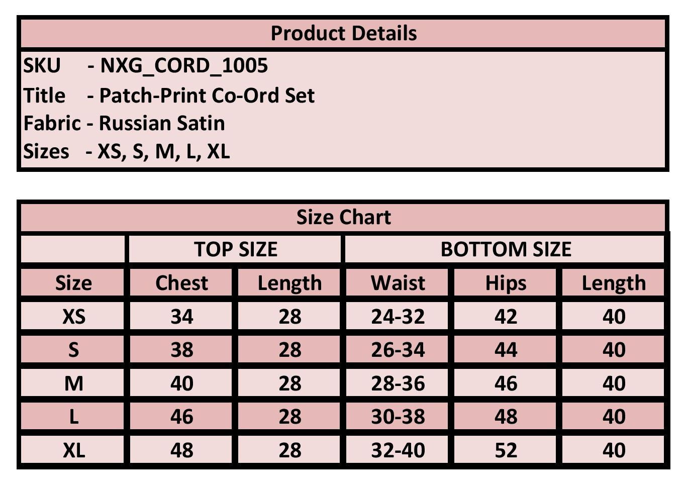 Product details and size chart for a patch-print co-ord set with Russian Satin fabric.