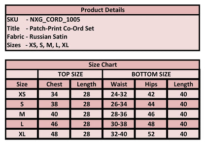 Product details and size chart for a patch-print co-ord set with Russian Satin fabric.